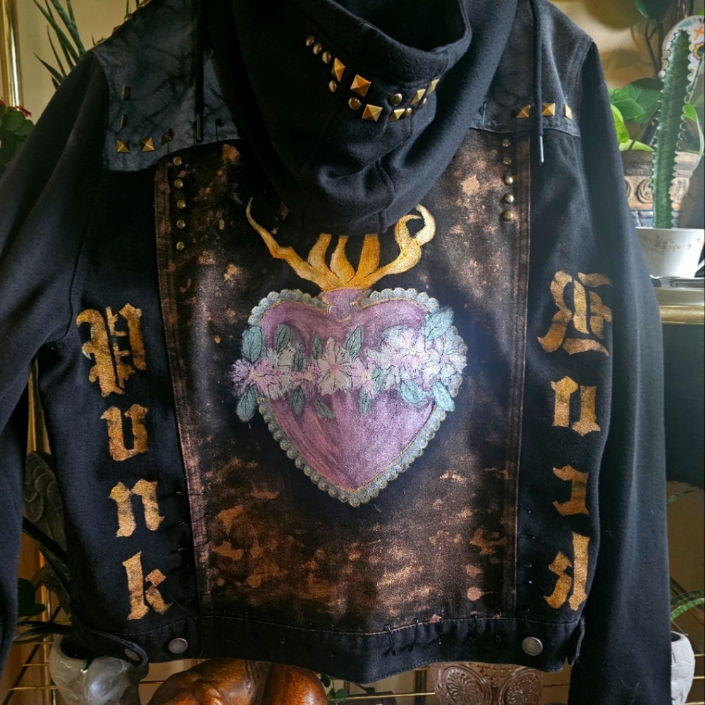 One Of A Kind Black "Punk Rock" Hoodie with Sacred Heart Design